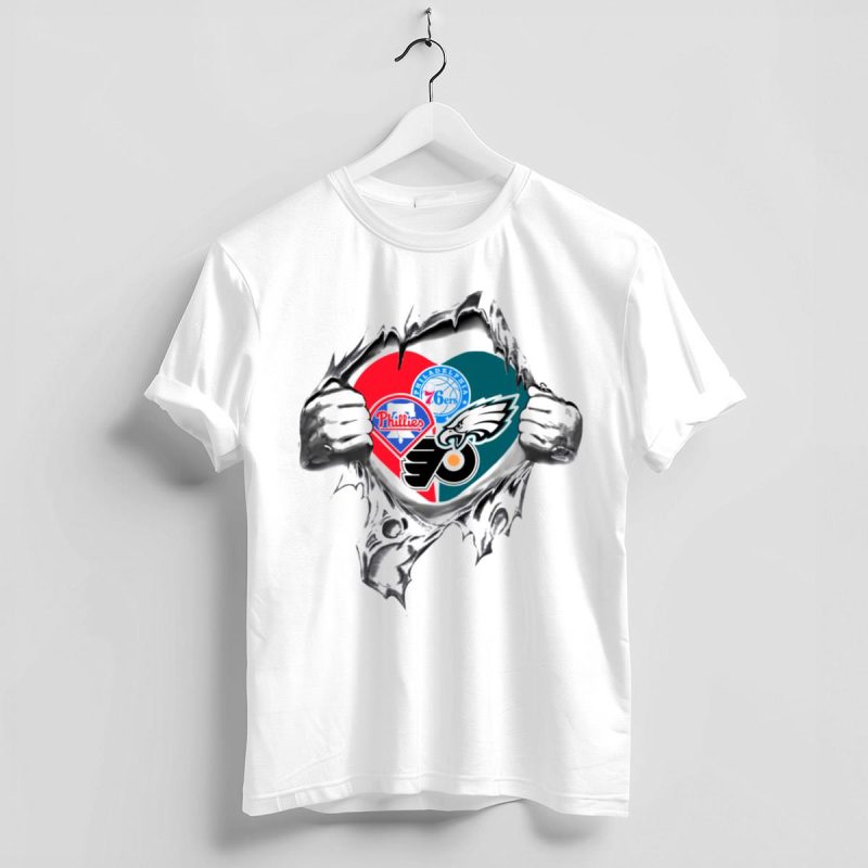 Philadelphia Phillies 76ers Eagles Flyers Heart Graphic T-Shirt for Fans - Image 4