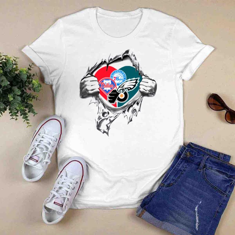 Philadelphia Phillies 76ers Eagles Flyers Heart Graphic T-Shirt for Fans - Image 6