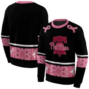 Philadelphia Phillies Awareness Ribbon Black Pink All Over Print Sweatshirt
