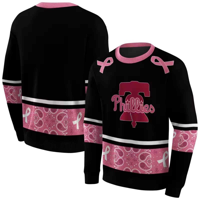 Philadelphia Phillies Awareness Ribbon Black Pink AOP Sweatshirt 1