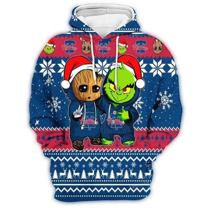 Philadelphia Phillies Baby Groot & Grinch All-Over Print Hoodie for Kids - Image 2