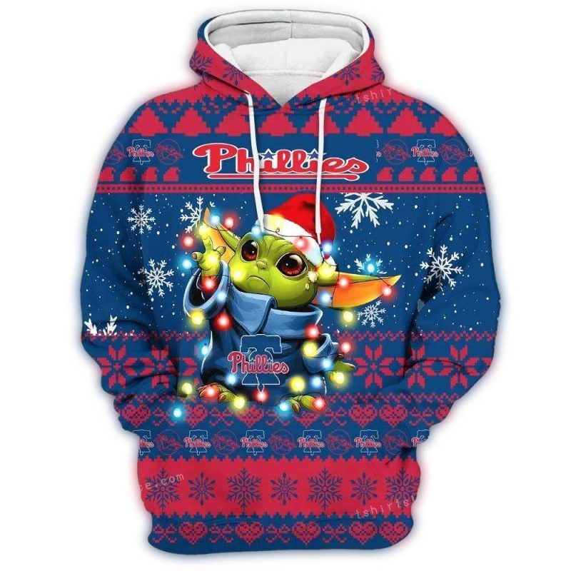 Philadelphia Phillies Baby Yoda Star Wars Christmas Hoodie for Kids - Image 2