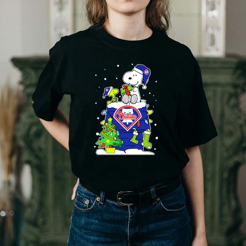 Philadelphia Phillies Snoopy & Woodstock Christmas T-Shirt Gift for Fans - Image 2