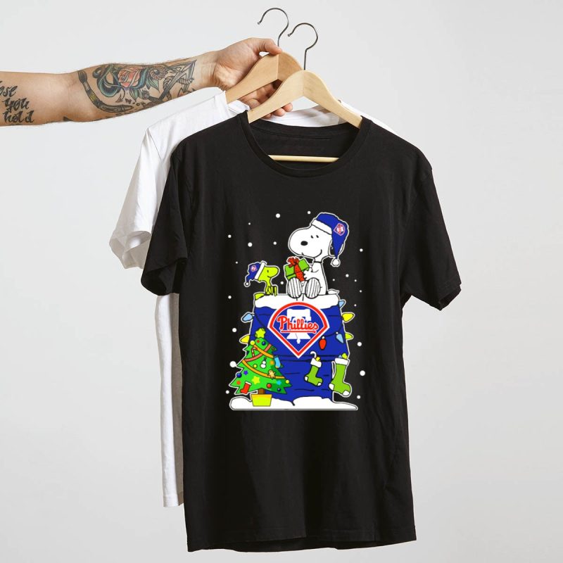 Philadelphia Phillies Snoopy & Woodstock Christmas T-Shirt Gift for Fans - Image 4