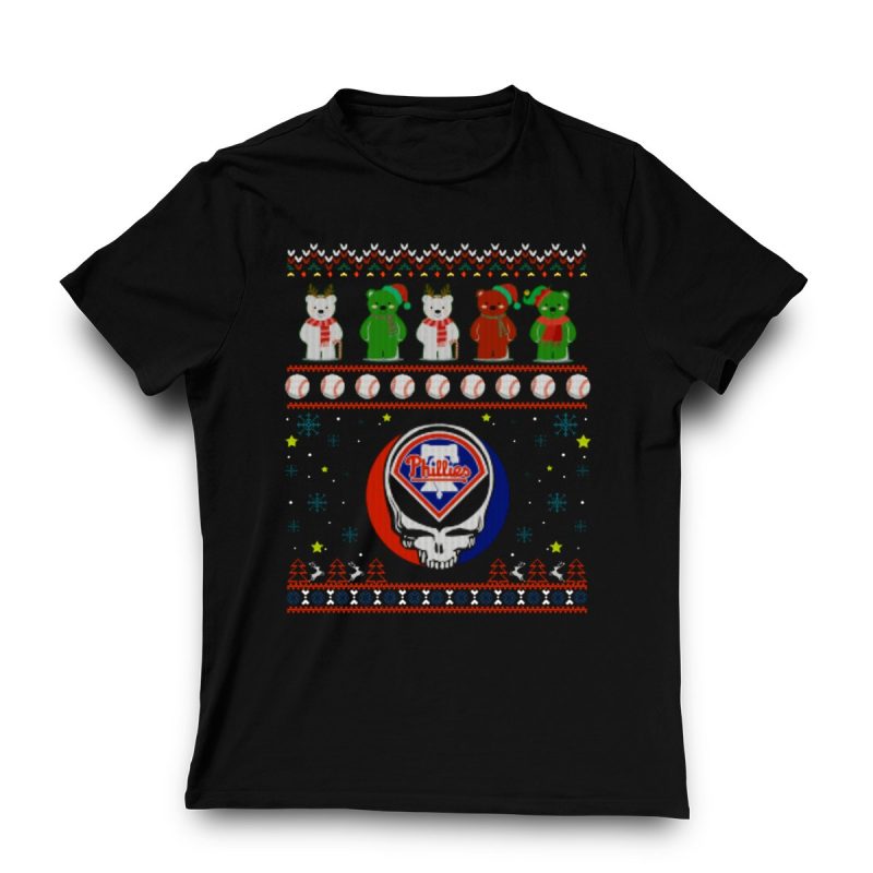 Philadelphia Phillies Grateful Dead Bears Winter Baseball T-Shirt - Image 3