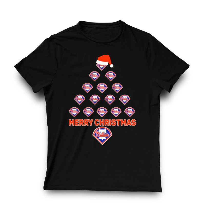 Philadelphia Phillies Santa Hat Christmas Tree T-Shirt for Fans - Image 3