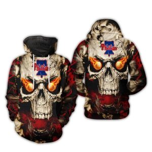 Philadelphia Phillies Skull Fire Eyes All-Over Print Hoodie for Fans