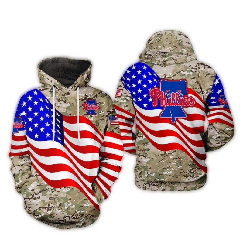 Philadelphia Phillies Camo Veteran All-Over Print Hoodie with US Flag
