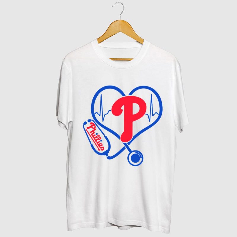 Philadelphia Phillies Nurse Heartbeat Stethoscope T-Shirt for Healthcare Professionals - Image 2