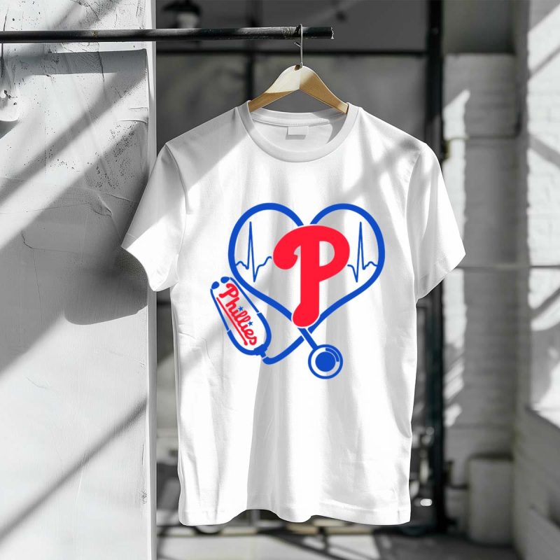 Philadelphia Phillies Nurse Heartbeat Stethoscope T-Shirt for Healthcare Professionals - Image 3