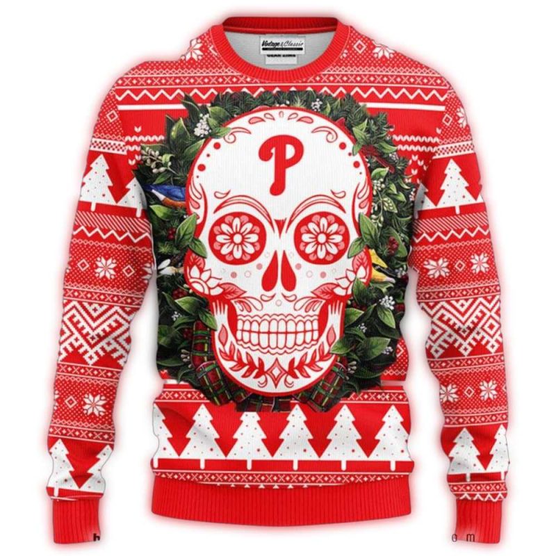 Philadelphia Phillies Floral Skull Ugly Christmas Sweater for Fans - Image 2