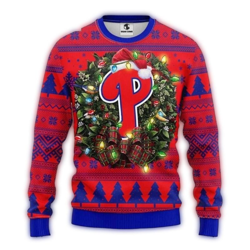 Philadelphia Phillies Christmas Ugly Sweater with Wreath Lights