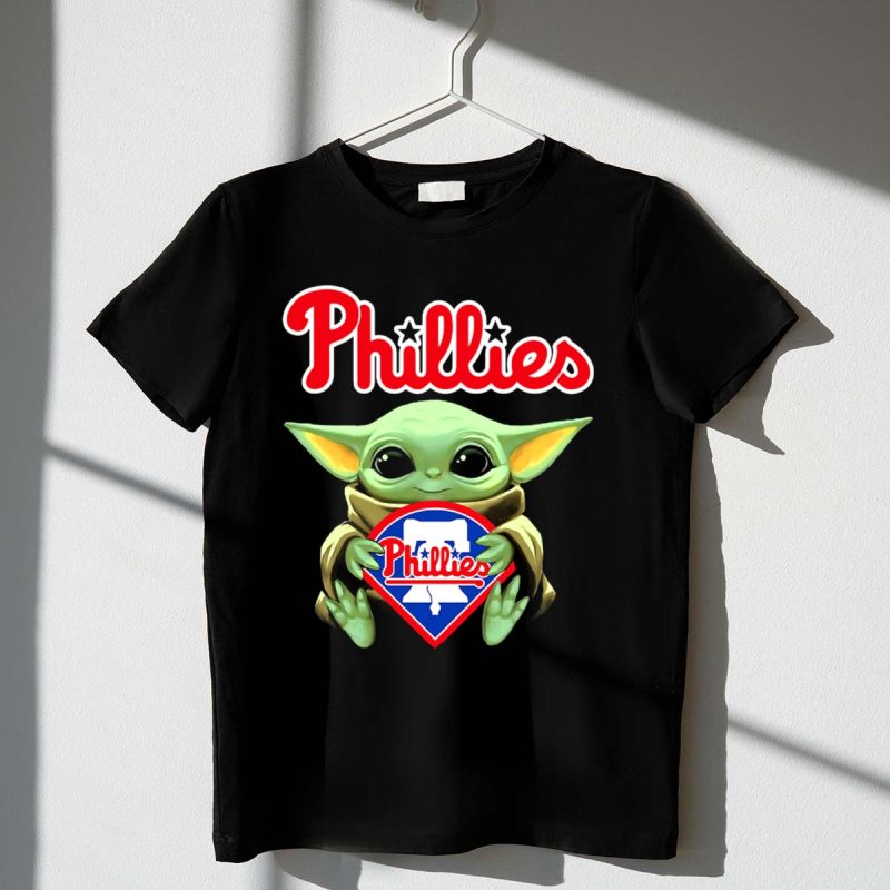 Cute Baby Yoda Hug Philadelphia Phillies T-Shirt - Adorable Star Wars Tee