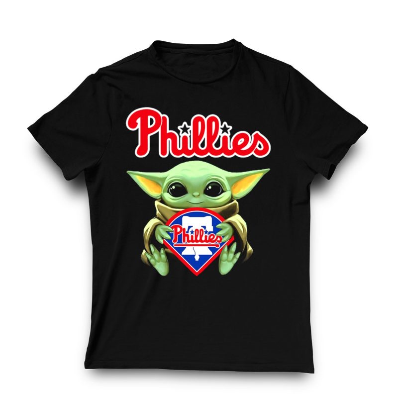 Cute Baby Yoda Hug Philadelphia Phillies T-Shirt - Adorable Star Wars Tee - Image 3