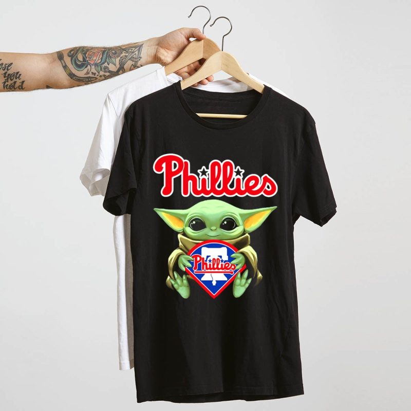 Cute Baby Yoda Hug Philadelphia Phillies T-Shirt - Adorable Star Wars Tee - Image 4
