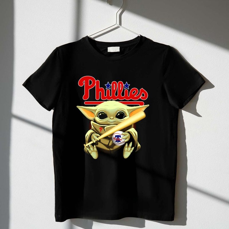 Baby Yoda Phillies T-Shirt - Cute Baseball & Bat Graphic Tee for Kids