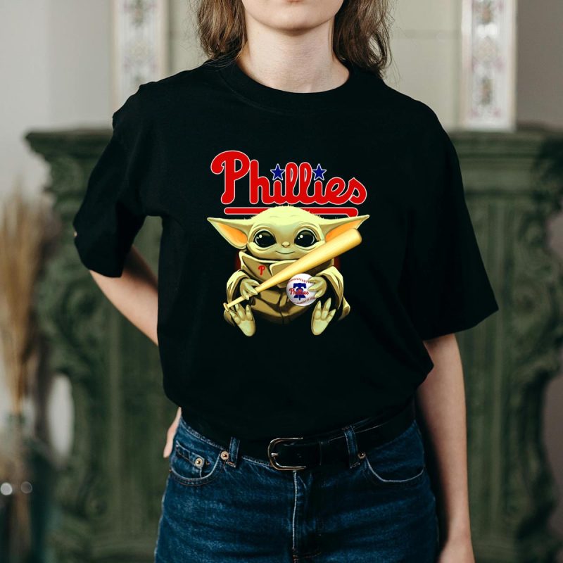 Baby Yoda Phillies T-Shirt - Cute Baseball & Bat Graphic Tee for Kids - Image 2
