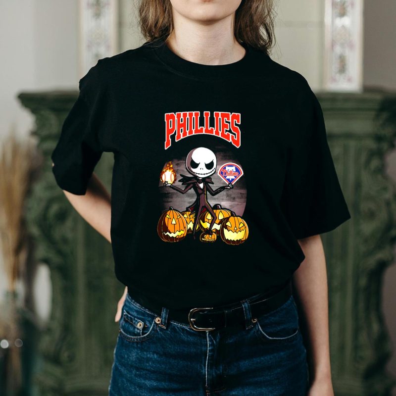 Jack Skellington Halloween T-Shirt with Pumpkins & Phillies Baseball Design - Image 2