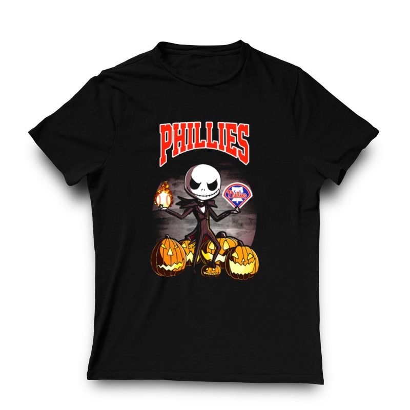 Jack Skellington Halloween T-Shirt with Pumpkins & Phillies Baseball Design - Image 3