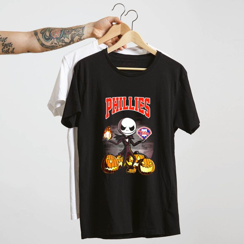 Jack Skellington Halloween T-Shirt with Pumpkins & Phillies Baseball Design - Image 4