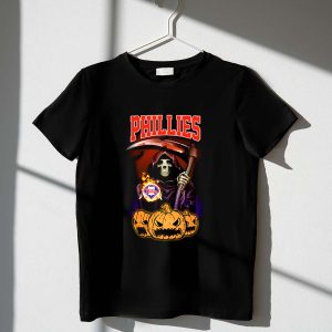 Halloween Phillies Reaper Graphic T-Shirt with Scythe and Pumpkin Design