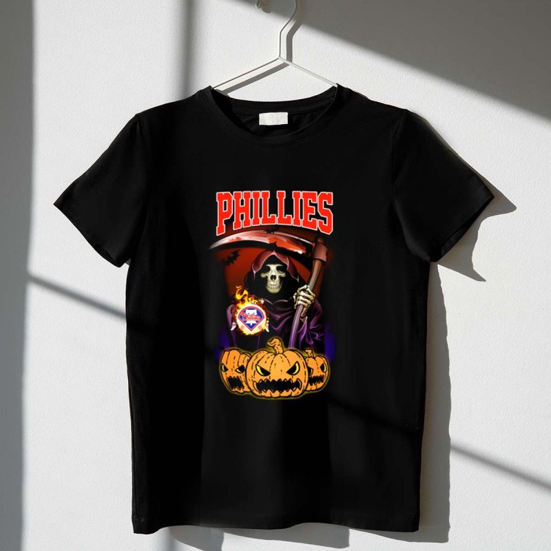 Halloween Phillies Reaper Graphic T-Shirt with Scythe and Pumpkin Design