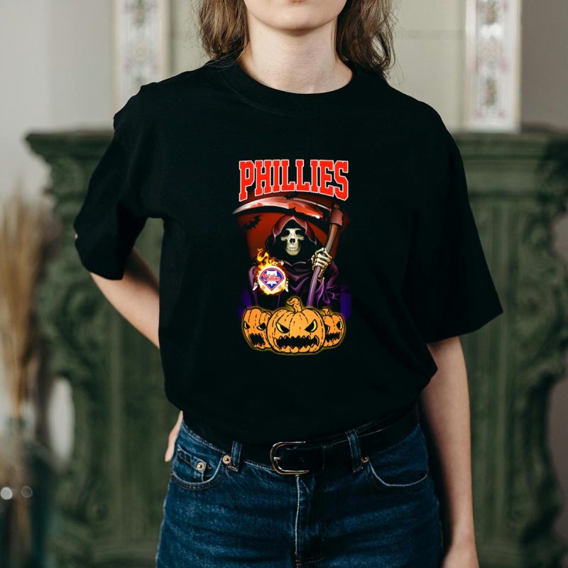 Halloween Phillies Reaper Graphic T-Shirt with Scythe and Pumpkin Design - Image 2