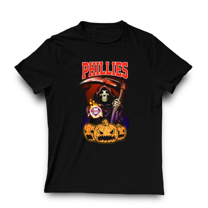 Halloween Phillies Reaper Graphic T-Shirt with Scythe and Pumpkin Design - Image 3