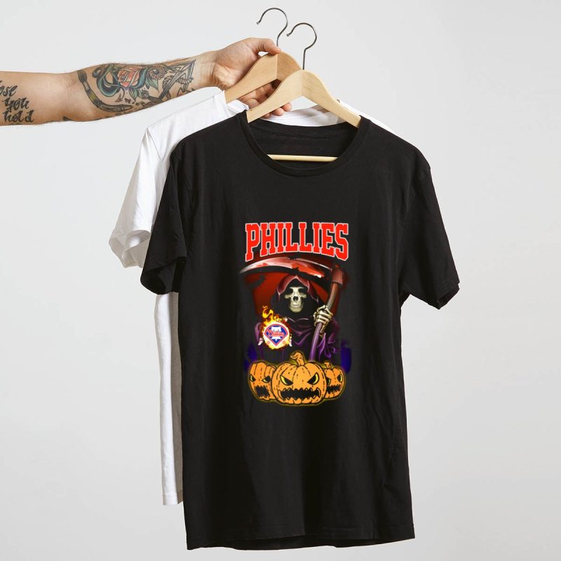 Halloween Phillies Reaper Graphic T-Shirt with Scythe and Pumpkin Design - Image 4
