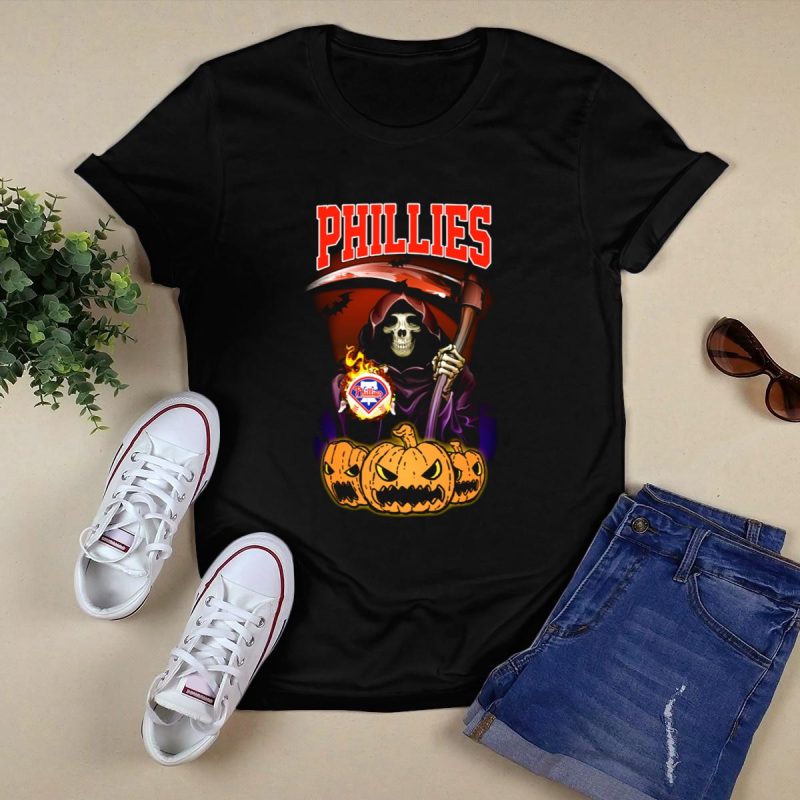 Halloween Phillies Reaper Graphic T-Shirt with Scythe and Pumpkin Design - Image 5