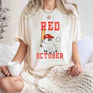 Red October Phillies Baseball Player T-Shirt with Cap & Bat Graphic