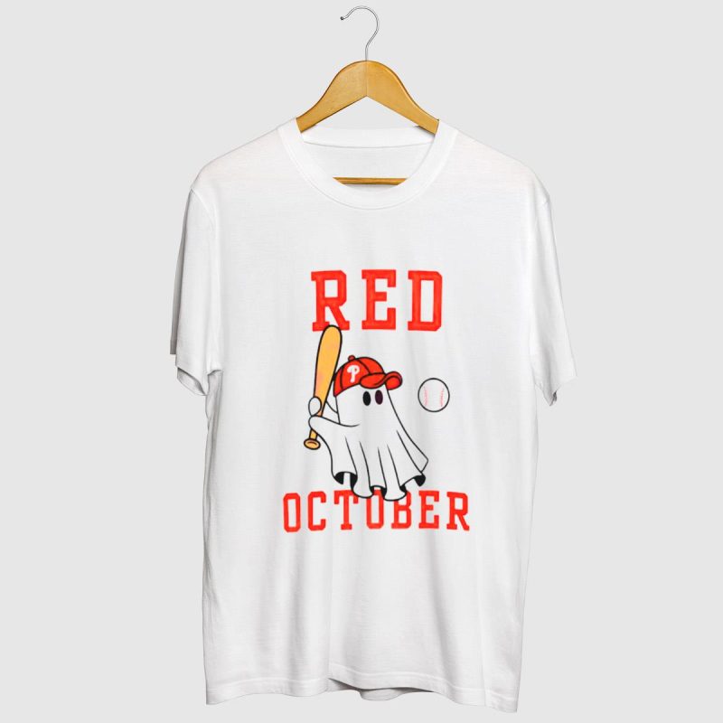 Red October Phillies Baseball Player T-Shirt with Cap & Bat Graphic - Image 2