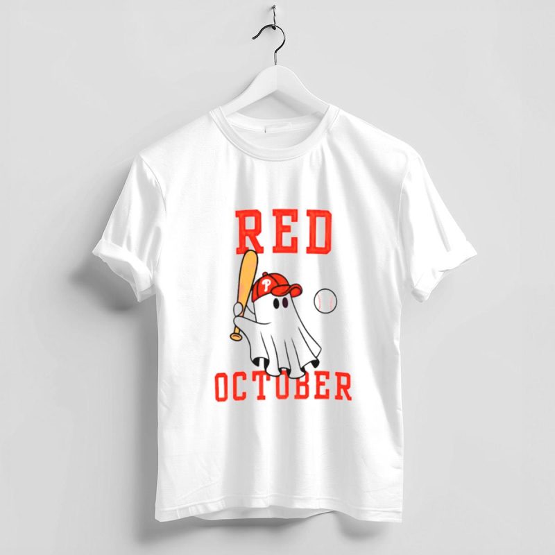 Red October Phillies Baseball Player T-Shirt with Cap & Bat Graphic - Image 4
