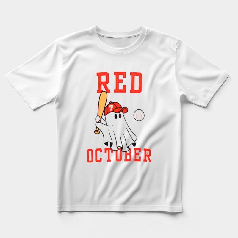 Red October Phillies Baseball Player T-Shirt with Cap & Bat Graphic - Image 5