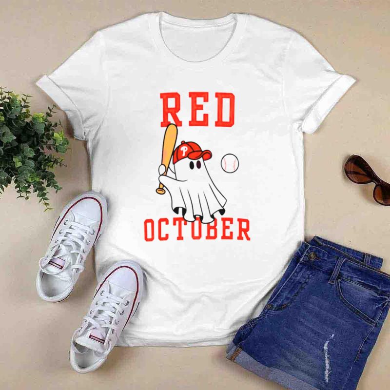 Red October Phillies Baseball Player T-Shirt with Cap & Bat Graphic - Image 6