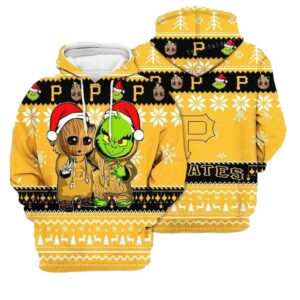 Pittsburgh Pirates Baby Groot & Grinch Christmas Graphic Hoodie for Kids