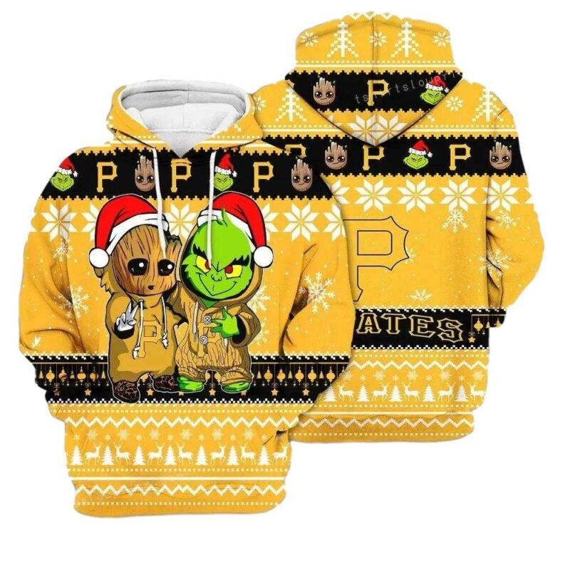 Pittsburgh Pirates Baby Groot & Grinch Christmas Graphic Hoodie for Kids