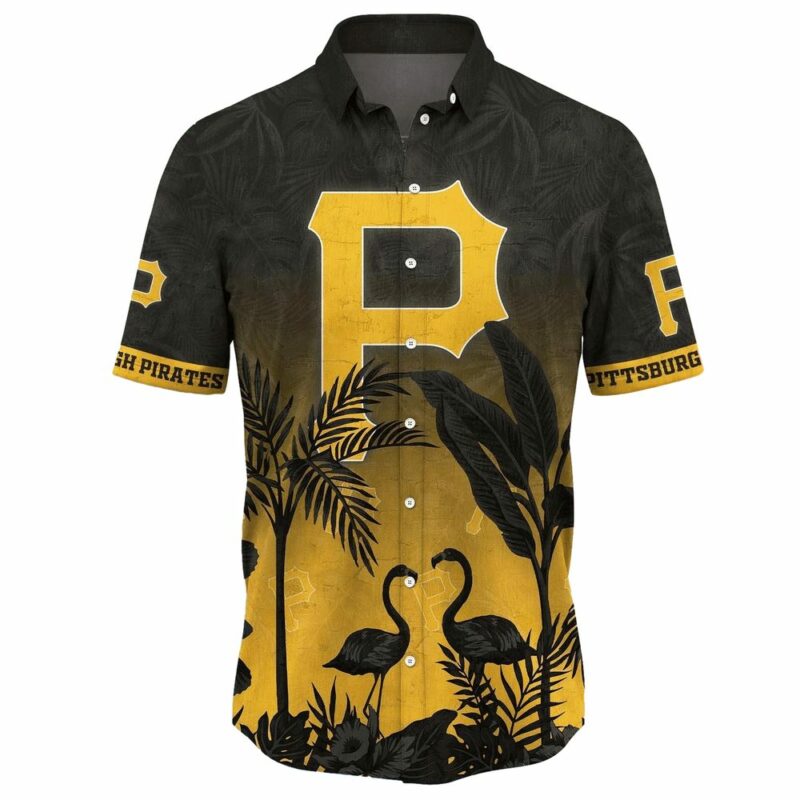 Pittsburgh Pirates Tropical Aloha Shirt with Flamingo Floral Graphic - Image 2