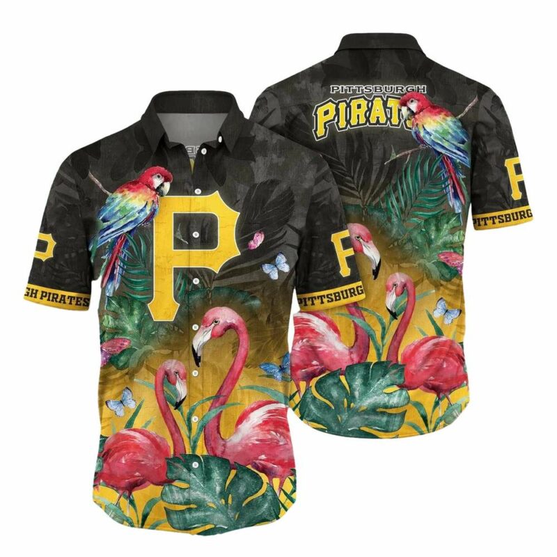 Pittsburgh Pirates Tropical Aloha Shirt with Flamingo and Parrot Graphics