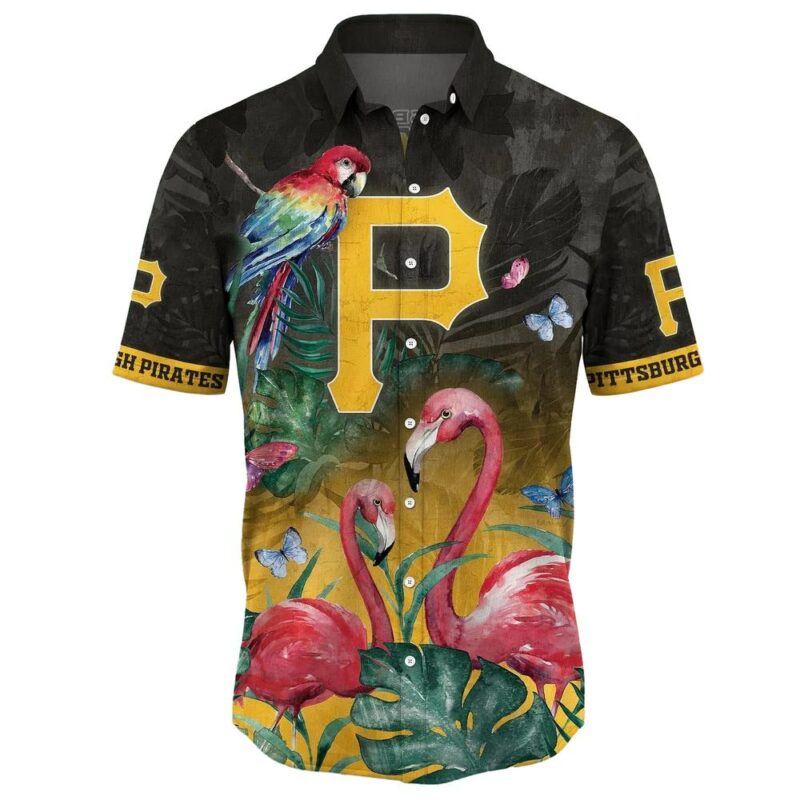 Pittsburgh Pirates Tropical Aloha Shirt with Flamingo and Parrot Graphics - Image 2