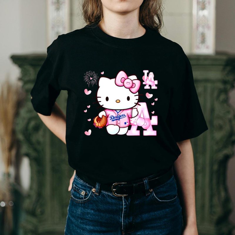 Cute Pink Hello Kitty LA Dodgers Baseball T-Shirt for Fans - Image 2