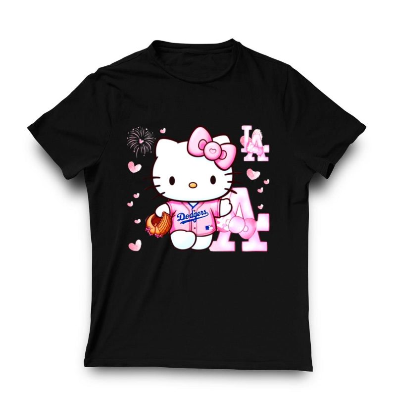 Cute Pink Hello Kitty LA Dodgers Baseball T-Shirt for Fans - Image 3