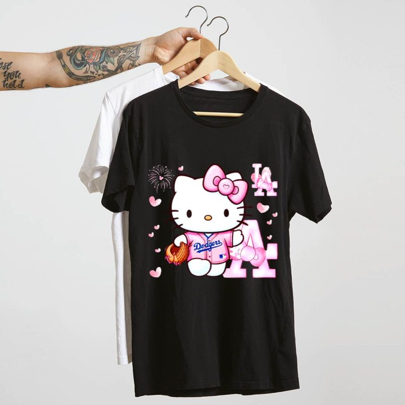 Cute Pink Hello Kitty LA Dodgers Baseball T-Shirt for Fans - Image 4