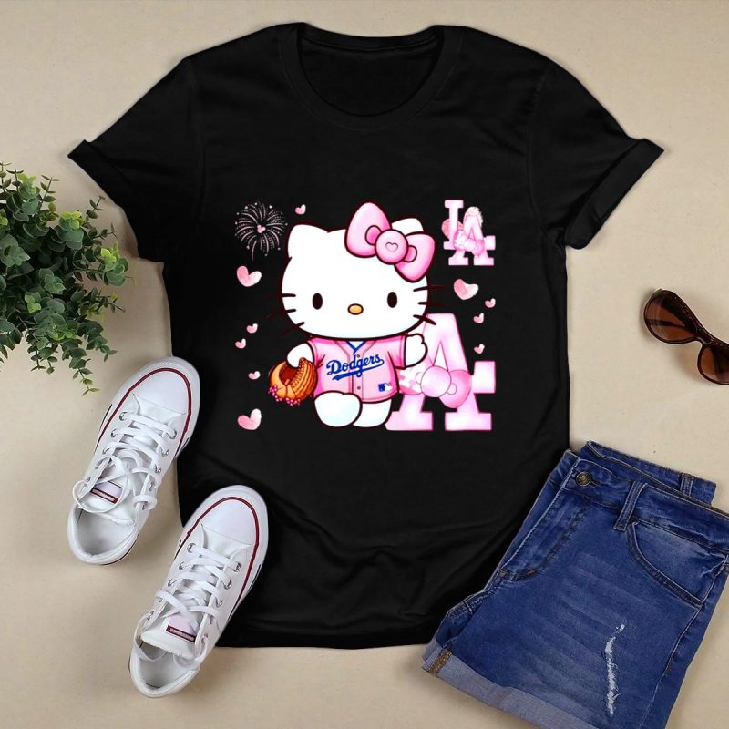 Cute Pink Hello Kitty LA Dodgers Baseball T-Shirt for Fans - Image 5