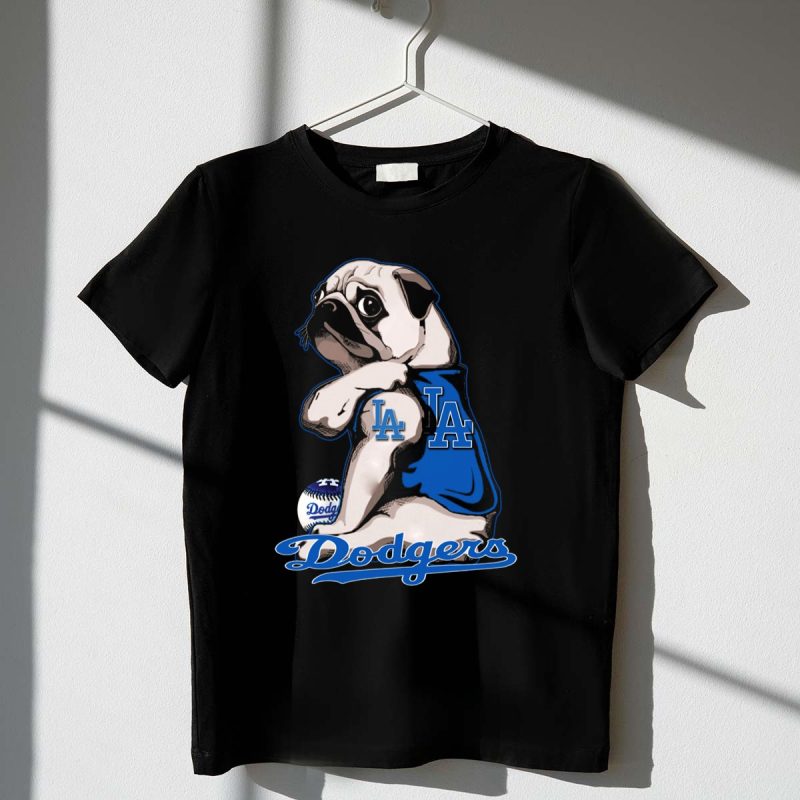Pug Los Angeles Dodgers Mascot with Baseball and LA Insignia T Shirt.jpeg t shirt 1 1