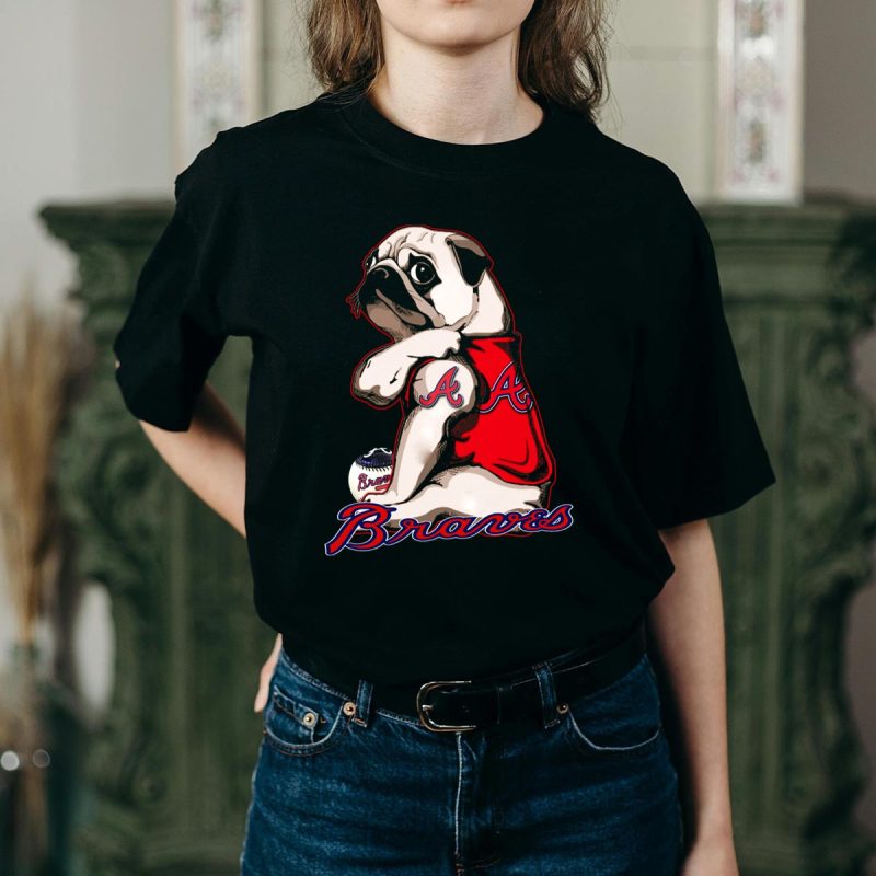 Pug In Braves Jersey T-Shirt With Baseball Design - Perfect For Fans - Image 2