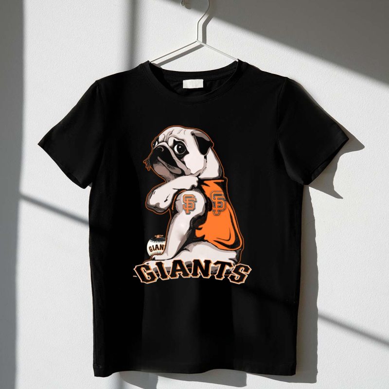 Pug in San Francisco Giants Orange Jersey with Logo and Baseball T Shirt t shirt 1 1
