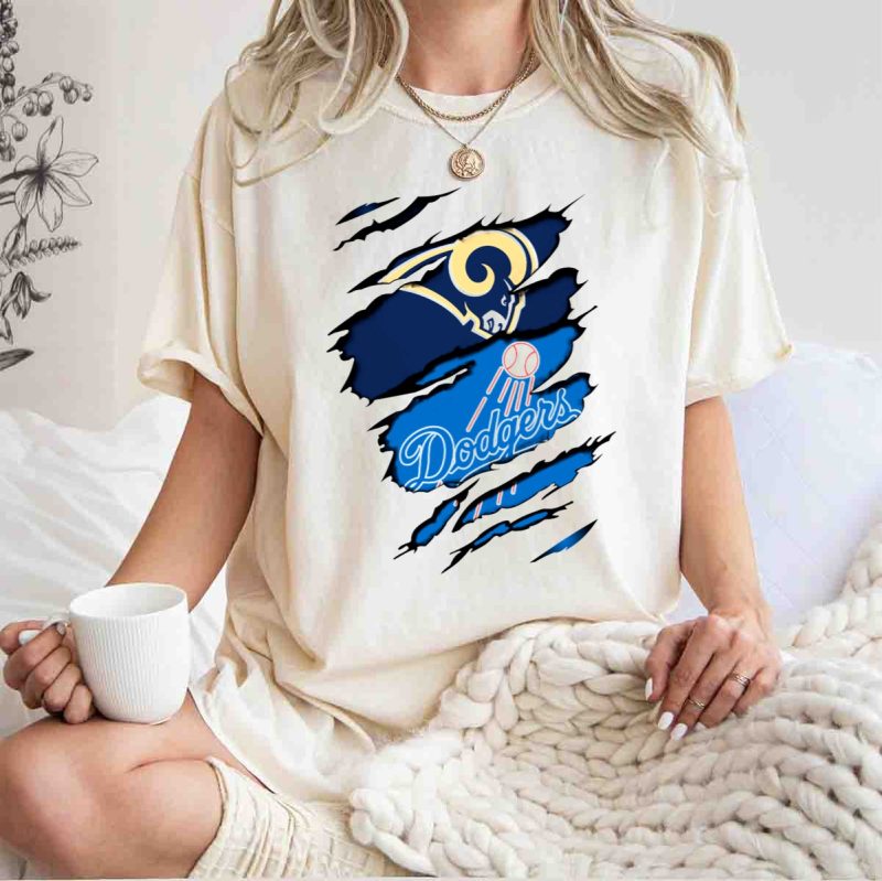 Rams Dodgers Scratch Tear Logo Crossover Fusion T Shirt.jpeg t shirt 1 1