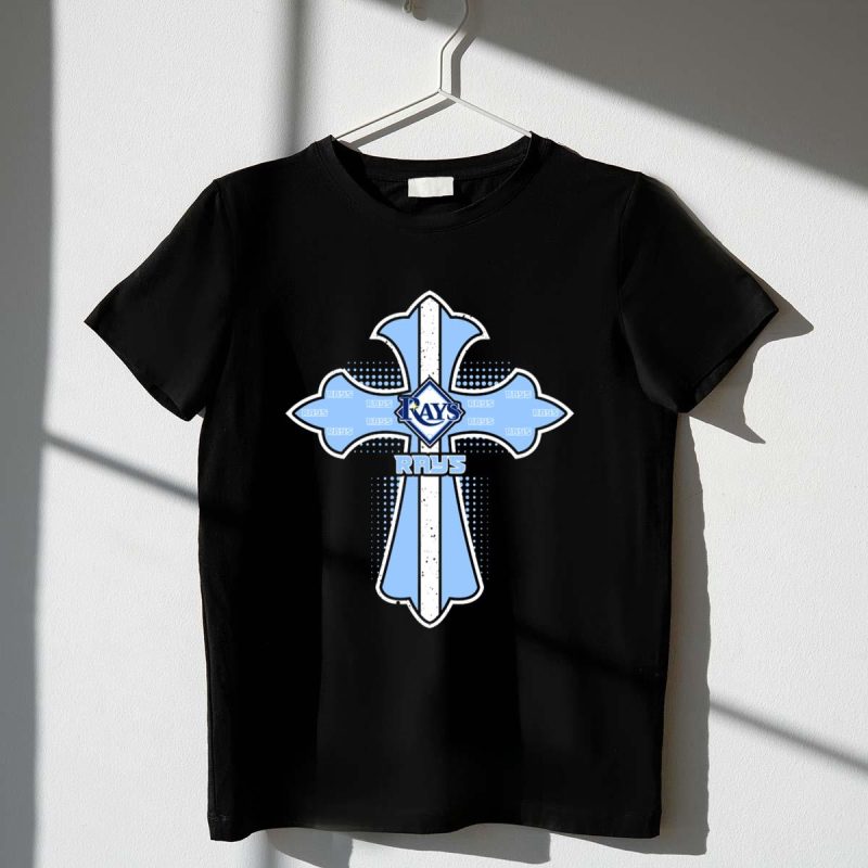 Rays Cross Design Featuring Tampa Bay Rays Text and Logo on Blue Cross T Shirt t shirt 1 1
