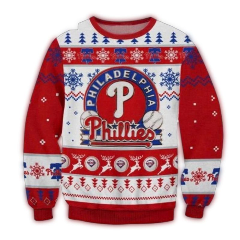 Philadelphia Phillies Christmas Ugly Sweater with Logo & Ball Pattern